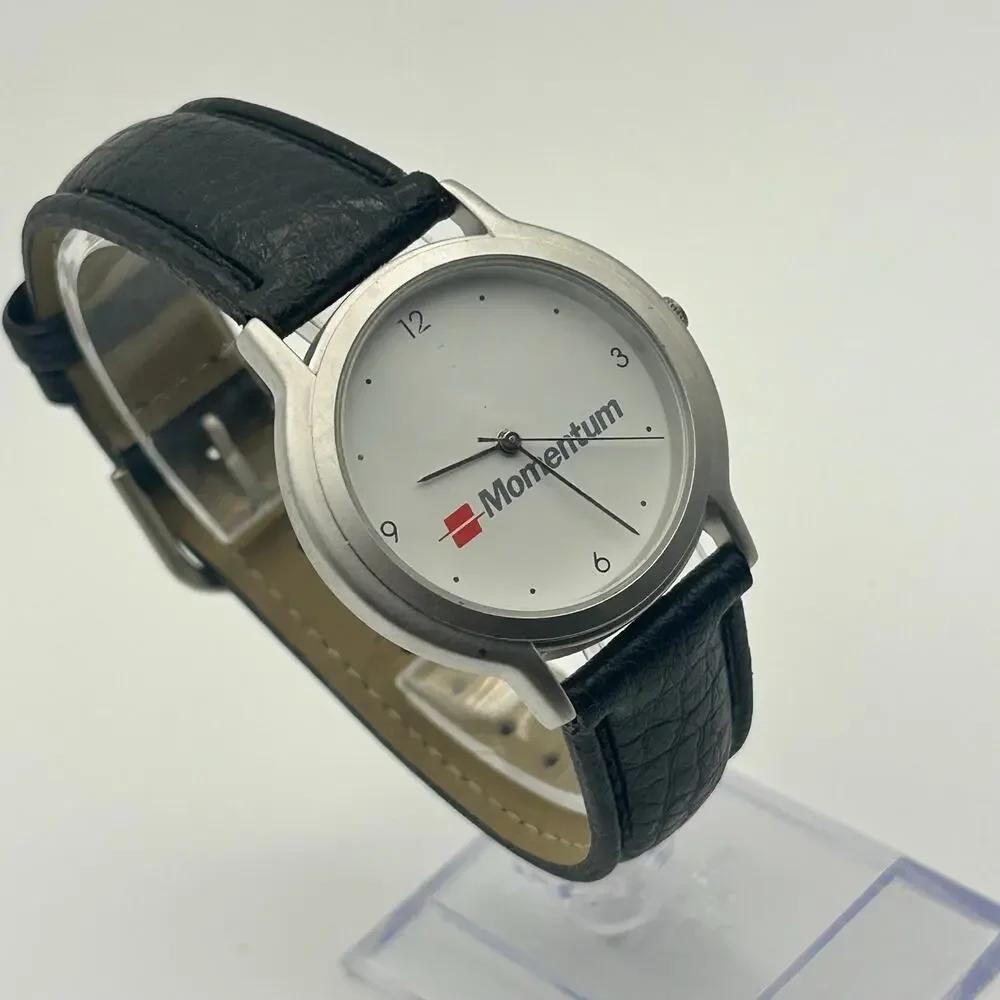 Momentum White Dial Black Leather Minimalist Watch Working New Battery